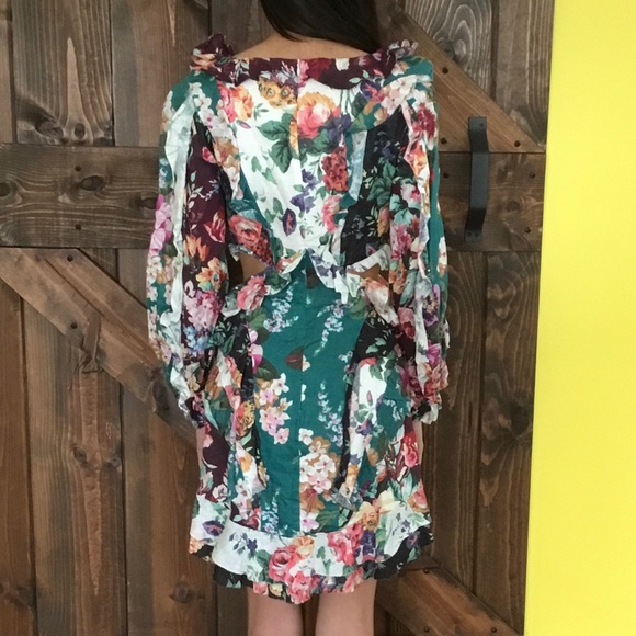Zimmermann Allia Floral Print Cut Out Spliced Linen Mini Dress - Picture 4 of 12